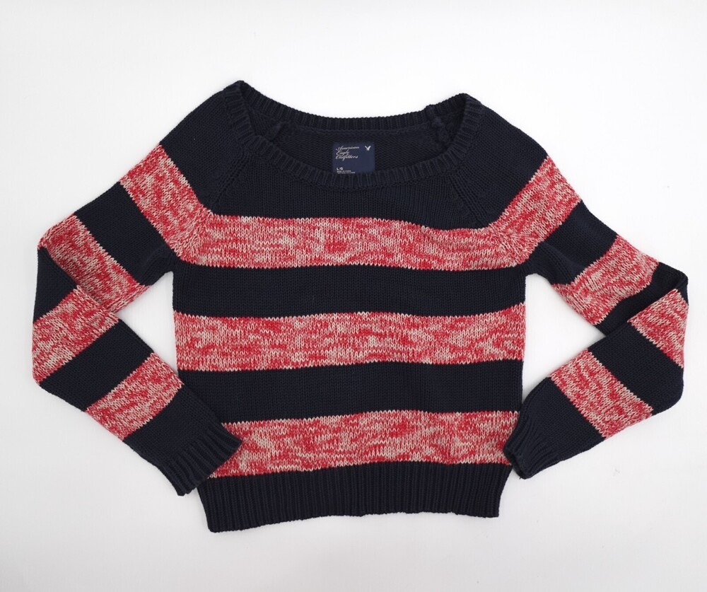 American Eagle AEO Sweater Womens Large Navy Red Stripe Open Knit Pullover